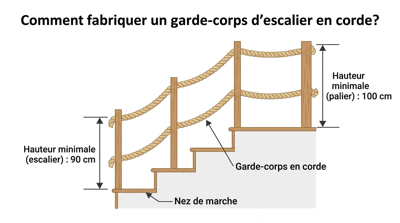 Schéma d'un Garde-corps d'escalier en corde installé Schéma d'un Garde-corps d'escalier en corde installé