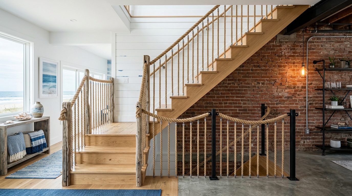 Escalier intérieur avec rampe en corde style marin et industriel contrastés Escalier intérieur avec rampe en corde style marin et industriel contrastés