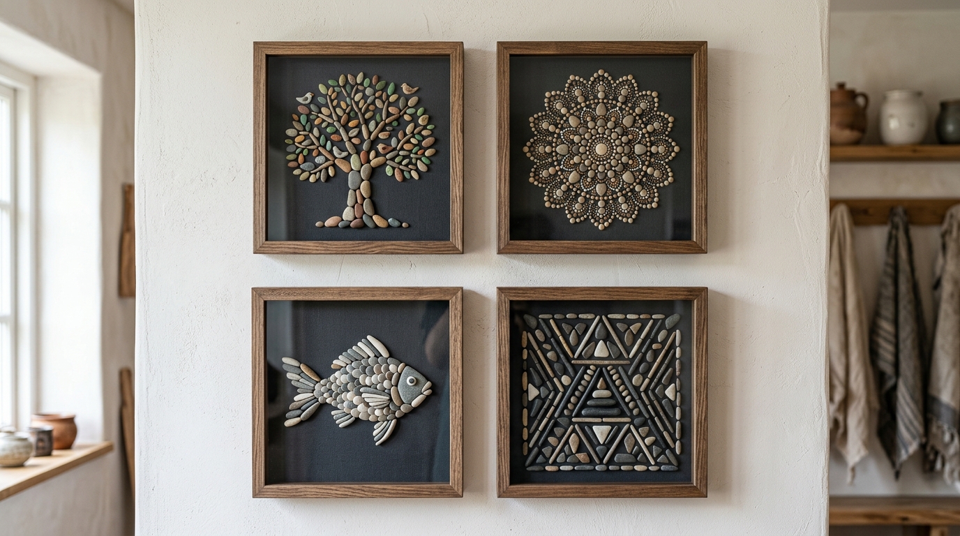 Quatre cadres de galets artistiques avec designs variés arbre mandala poisson et motif géométrique