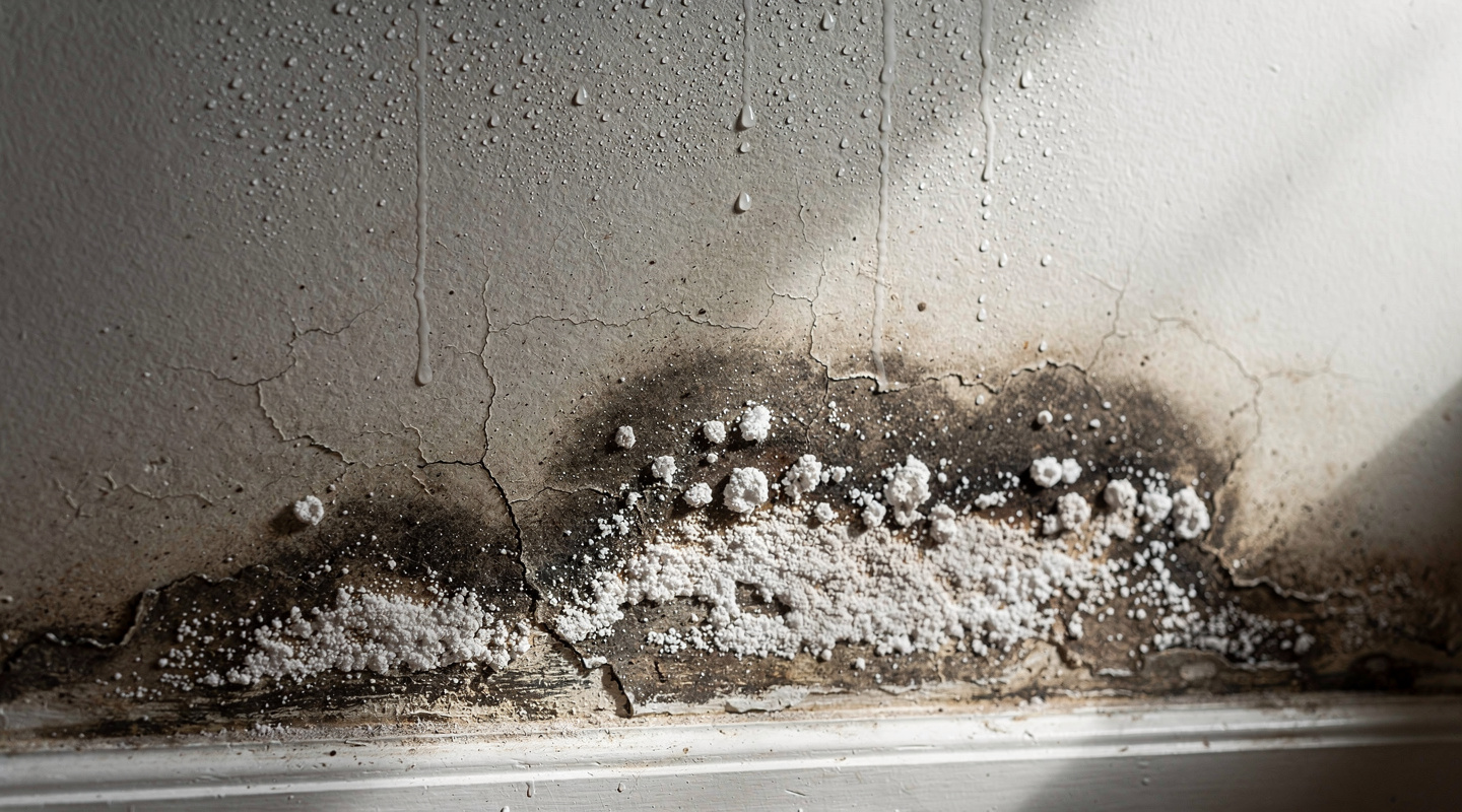 Mur intérieur humide avec taches d'eau sombres, efflorescence blanche et gouttelettes de condensation Mur intérieur humide avec taches d'eau sombres, efflorescence blanche et gouttelettes de condensation