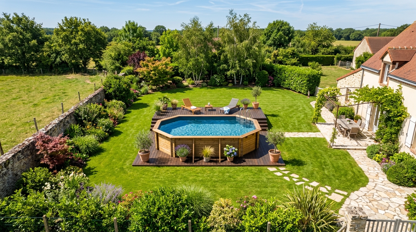 Vu aérienne d'un piscine hors-sol en bois intégrée dans un jardin verdoyant avec terrasse en bois Vu aérienne d'un piscine hors-sol en bois intégrée dans un jardin verdoyant avec terrasse en bois