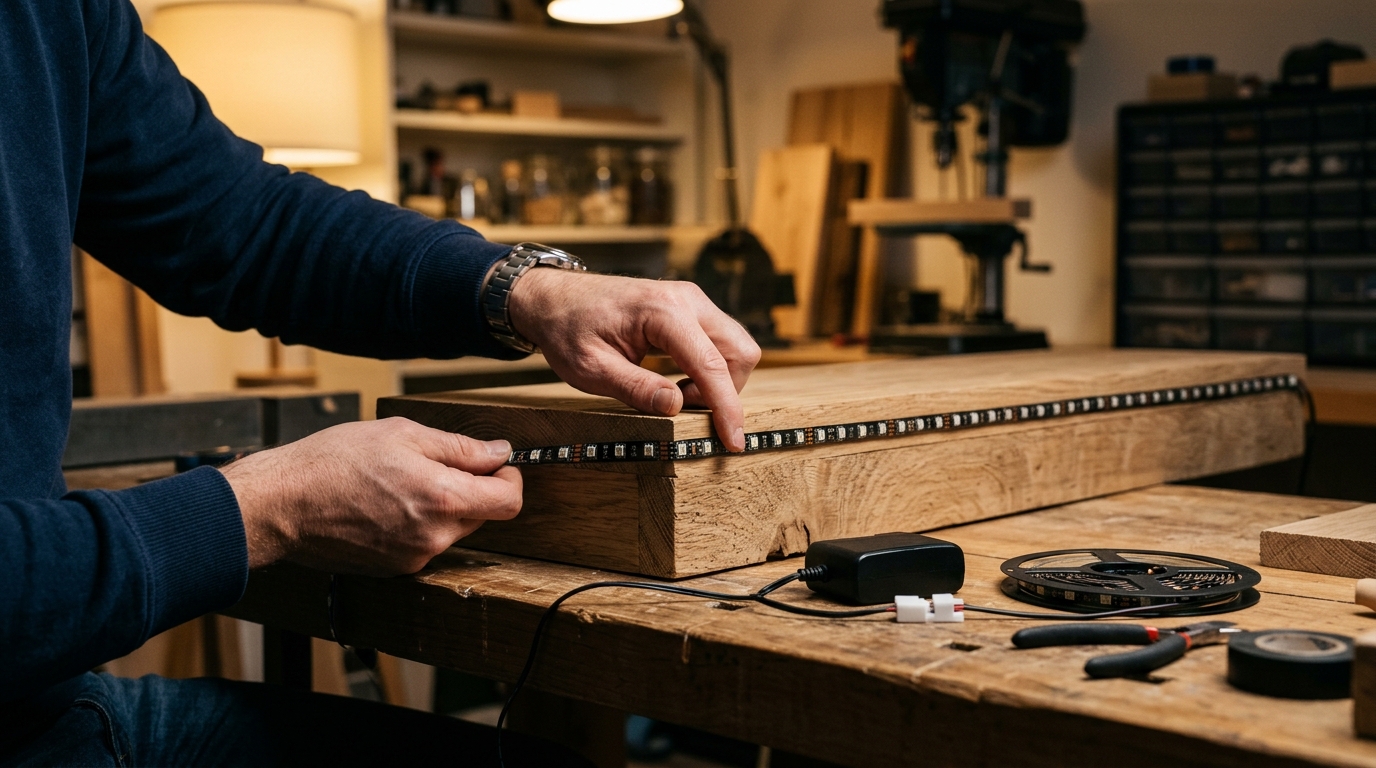 Mains collant un ruban LED adhésif sur l'arrière d'une étagère TV en bois Mains collant un ruban LED adhésif sur l'arrière d'une étagère TV en bois