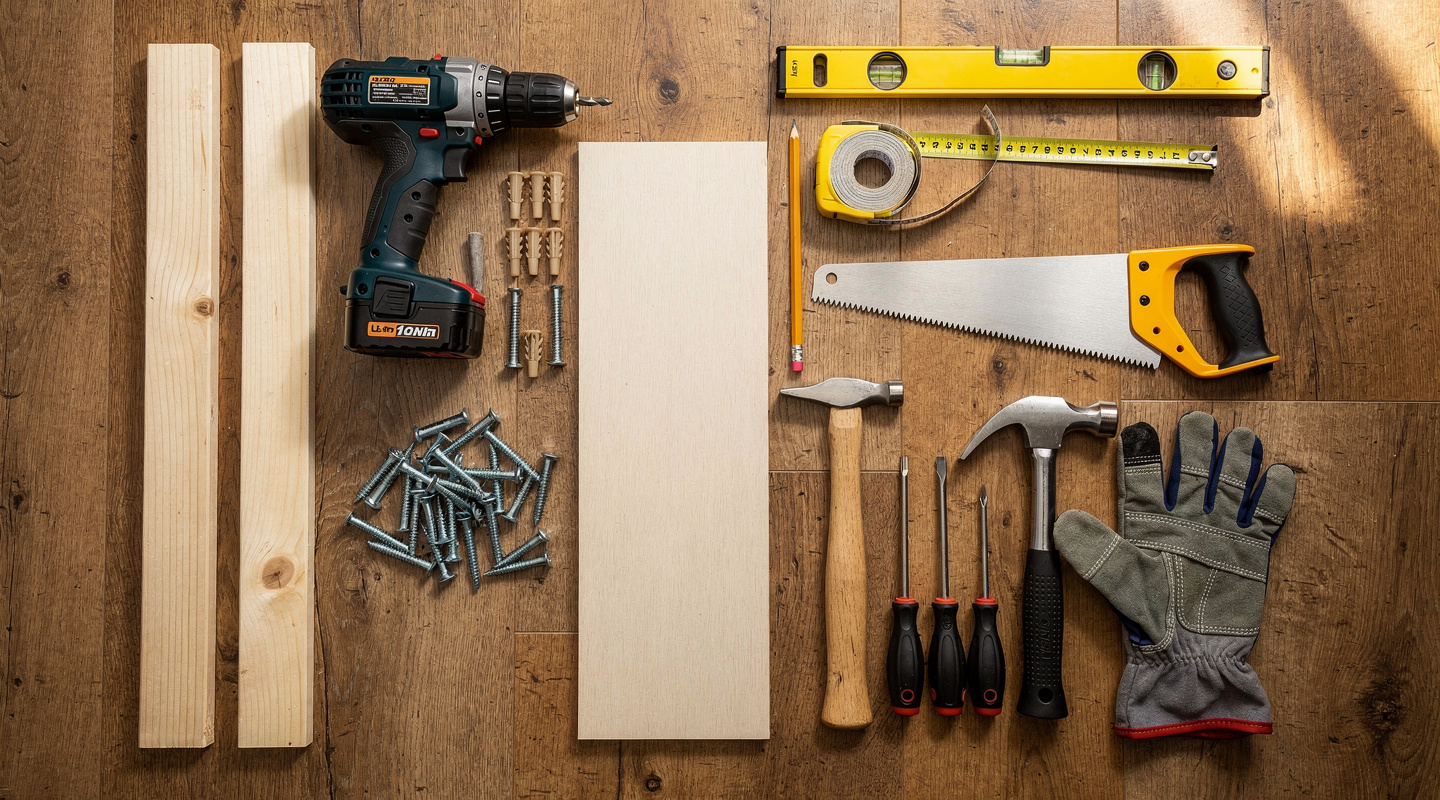 Outils et matériaux de bricolage pour poser un panneau mural sur tasseaux Outils et matériaux de bricolage pour poser un panneau mural sur tasseaux