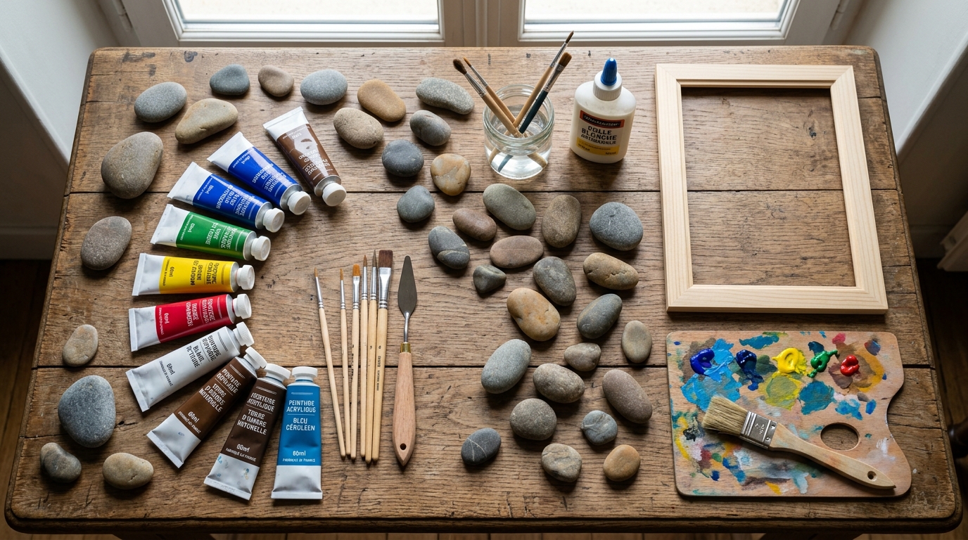 Galets lisses, peinture acrylique, pinceaux, cadre en bois et colle blanche sur table