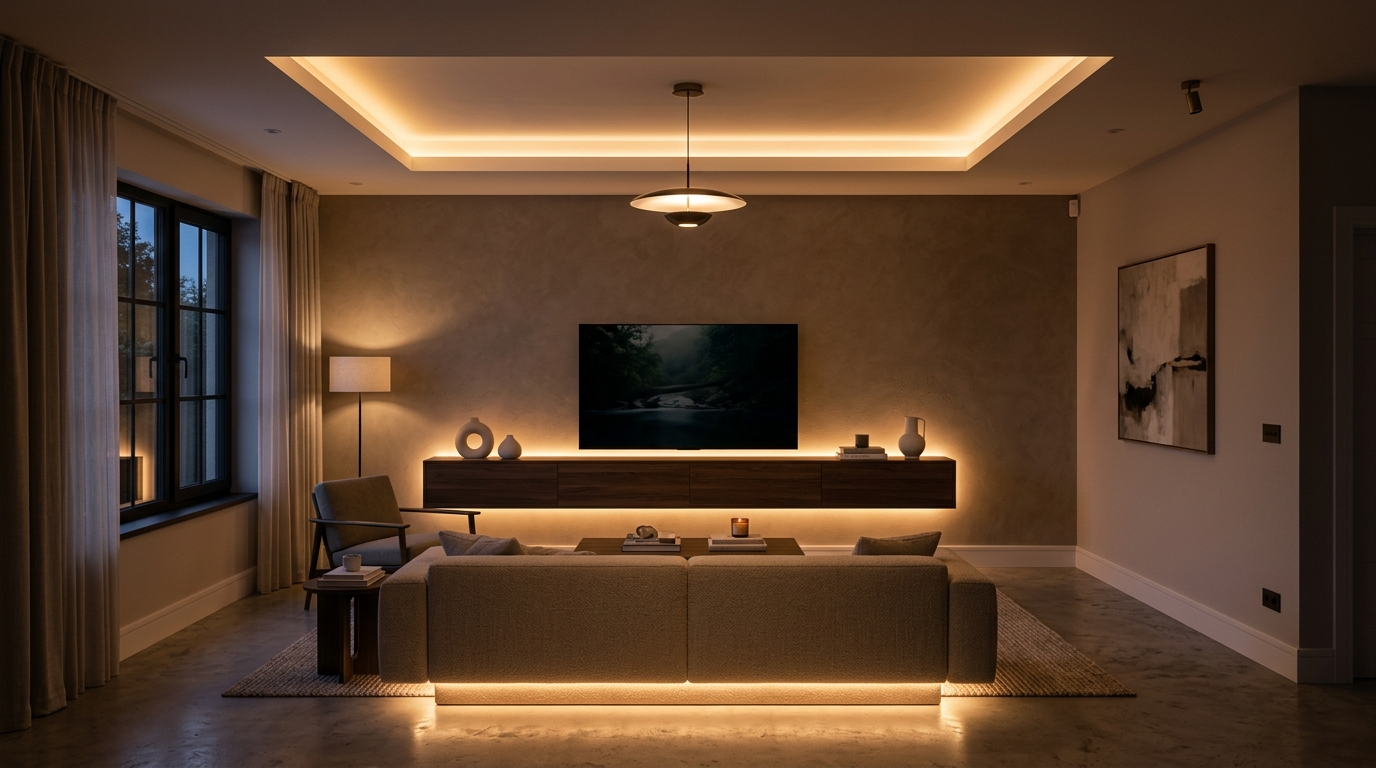 Rubans LED éclairant meuble TV, faux plafond et canapé dans un salon moderne tamisé
