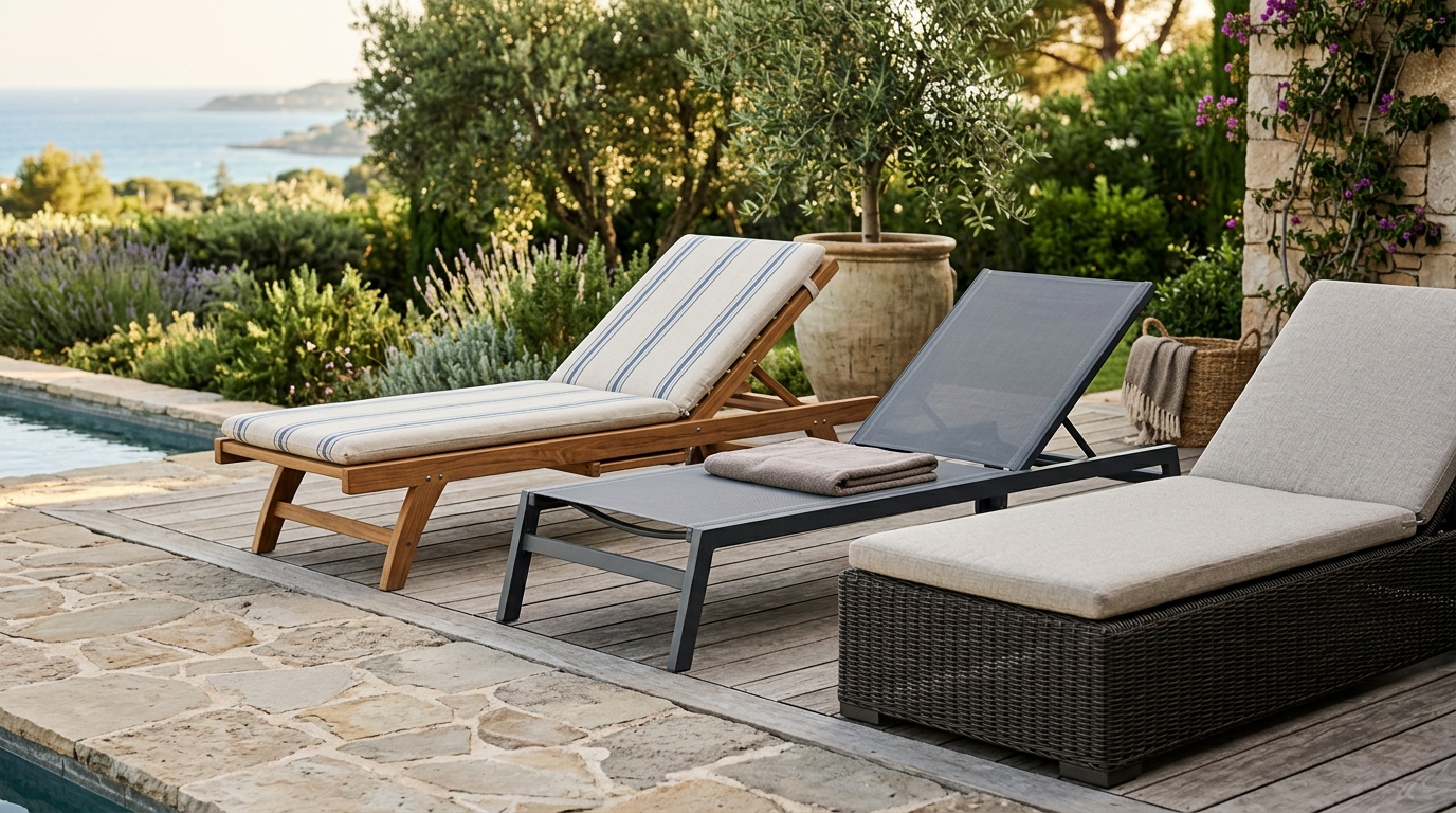 Chaises longues en teck, aluminium et résine tressée sur terrasse ensoleillée