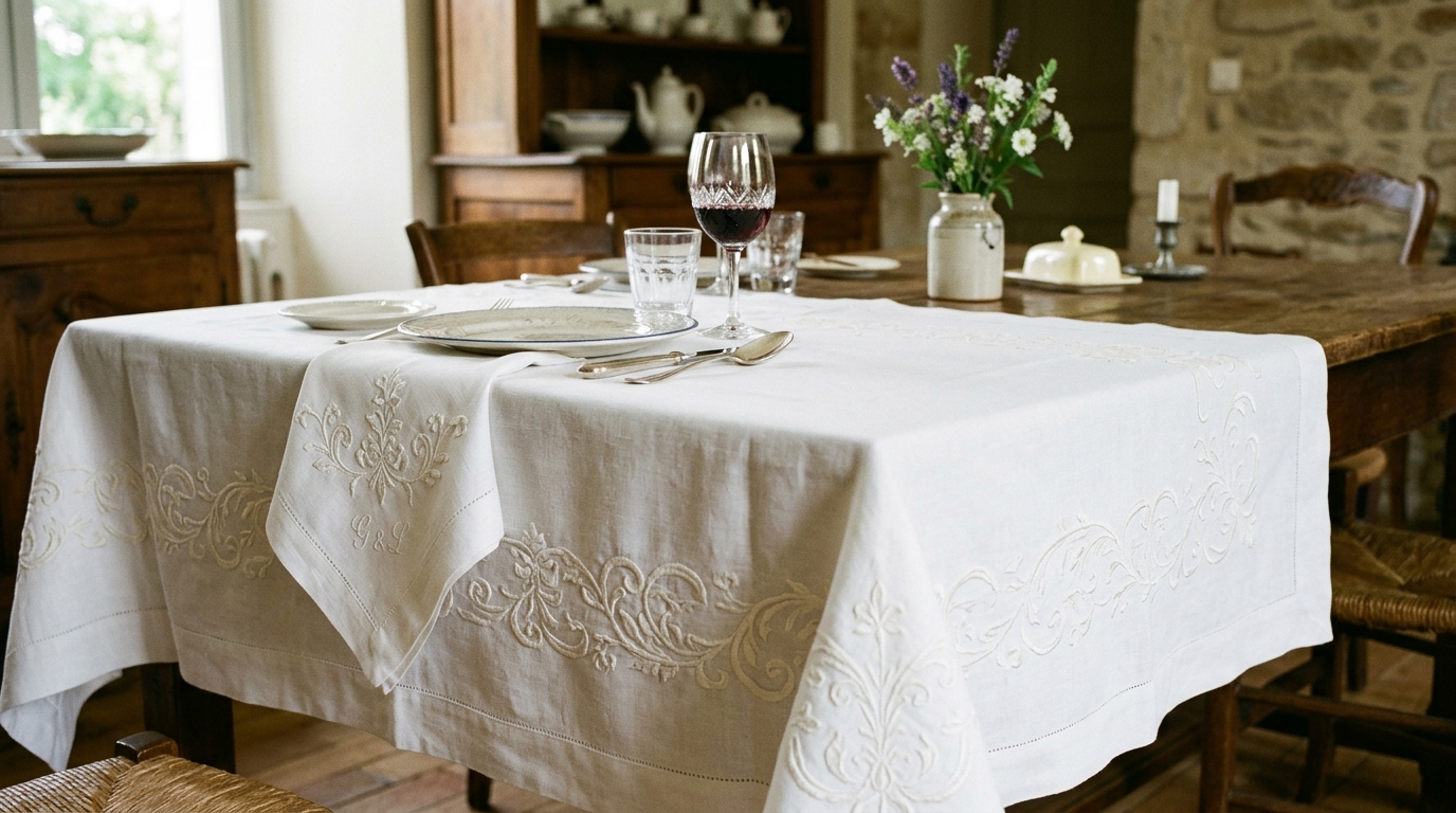 Nappe et serviettes de table brodées raffinées Nappe brodée et serviettes élégantes sur une table