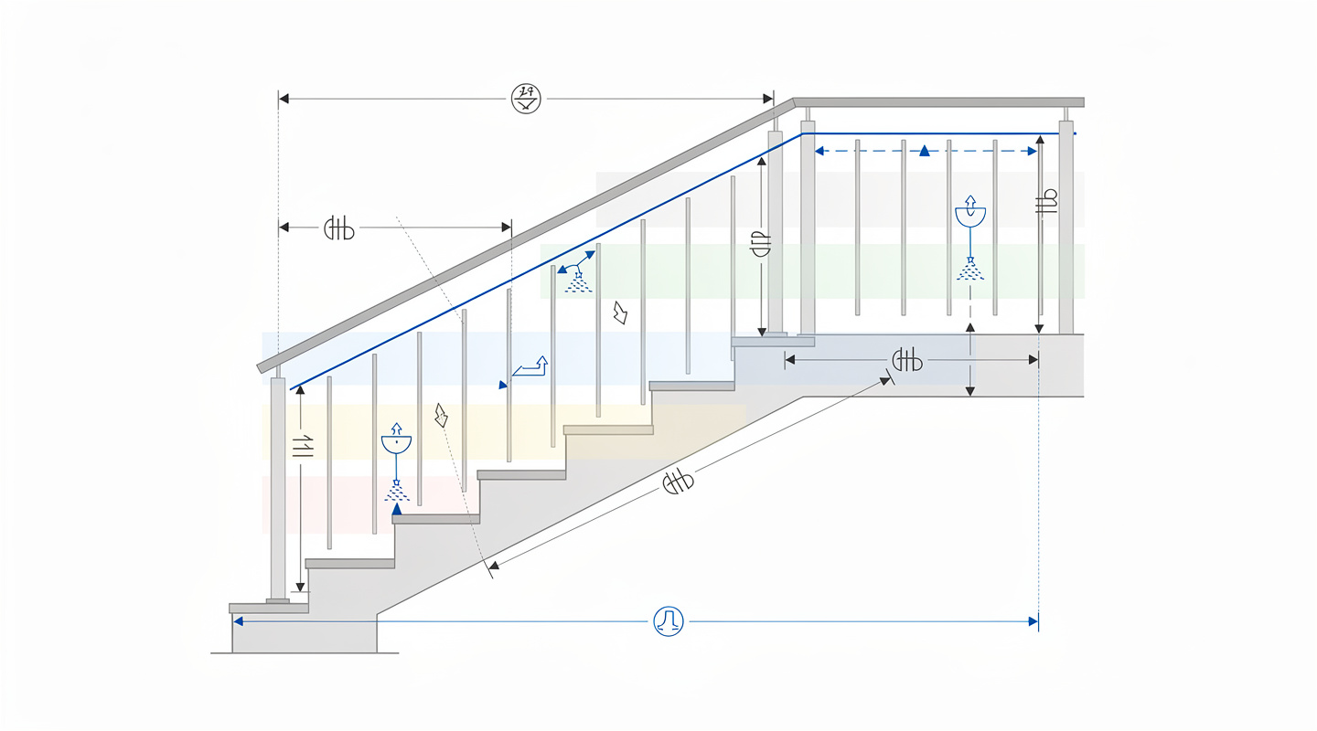 Schéma en vue latérale d’escalier avec mesures et zones de sécurité Schéma en vue latérale d’escalier avec mesures et zones de sécurité