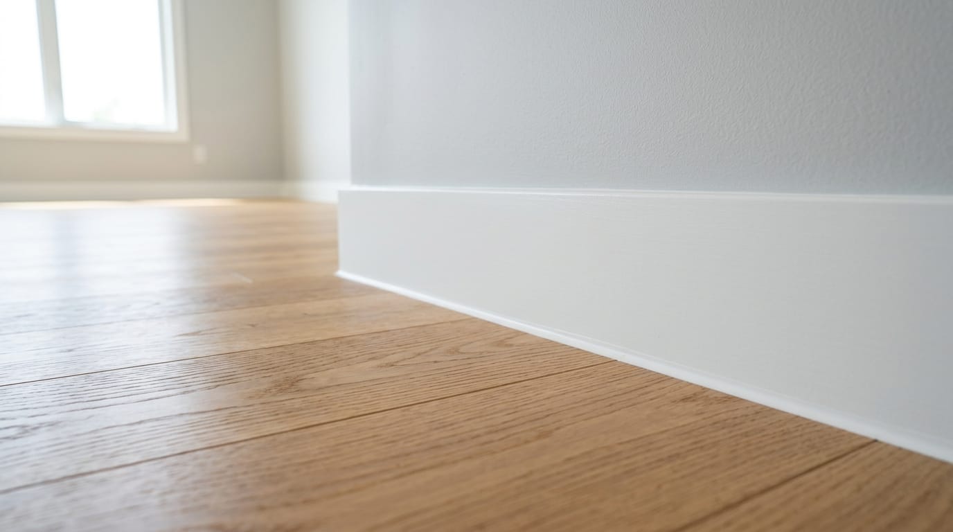 Jonction parfaite entre plinthe blanche et parquet bois avec joint de calfeutrage lisse Jonction parfaite entre plinthe blanche et parquet bois avec joint de calfeutrage lisse