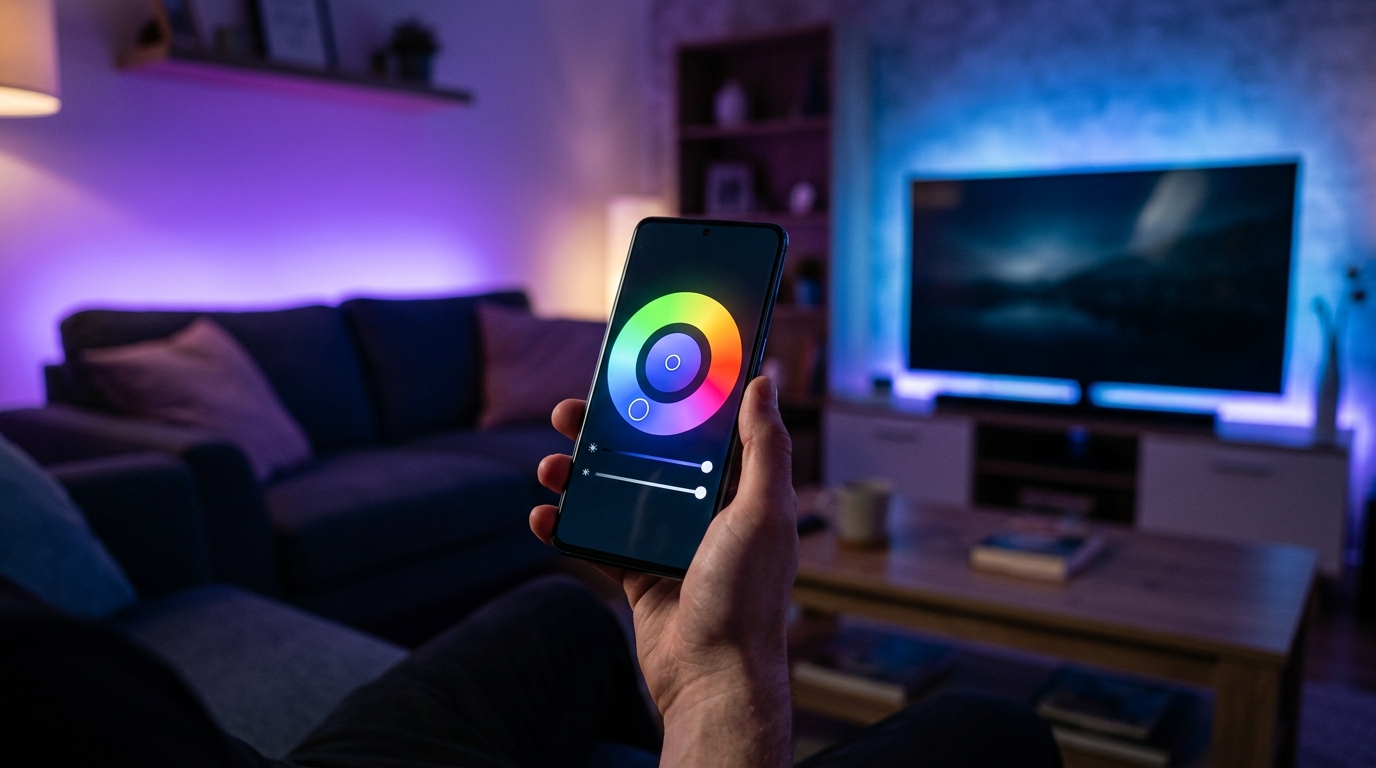 Smartphone contrôlant un éclairage LED violet et bleu dans un salon Smartphone contrôlant un éclairage LED violet et bleu dans un salon