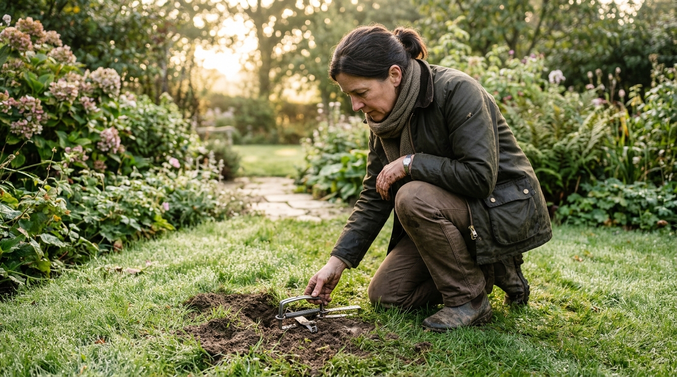 Personne accroupie dans un jardin inspectant un piège à taupes posé en terre Personne accroupie dans un jardin inspectant un piège à taupes posé en terre