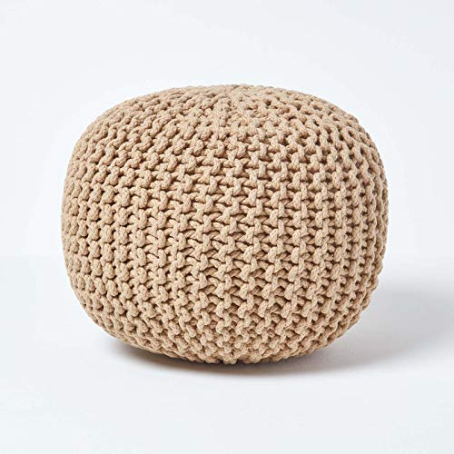 Pouf Rond Tressé en Coton Beige