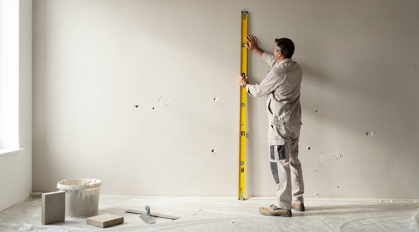 Personne préparant un mur lisse, rebouchant des trous et vérifiant l'aplomb au niveau Personne préparant un mur lisse, rebouchant des trous et vérifiant l'aplomb au niveau