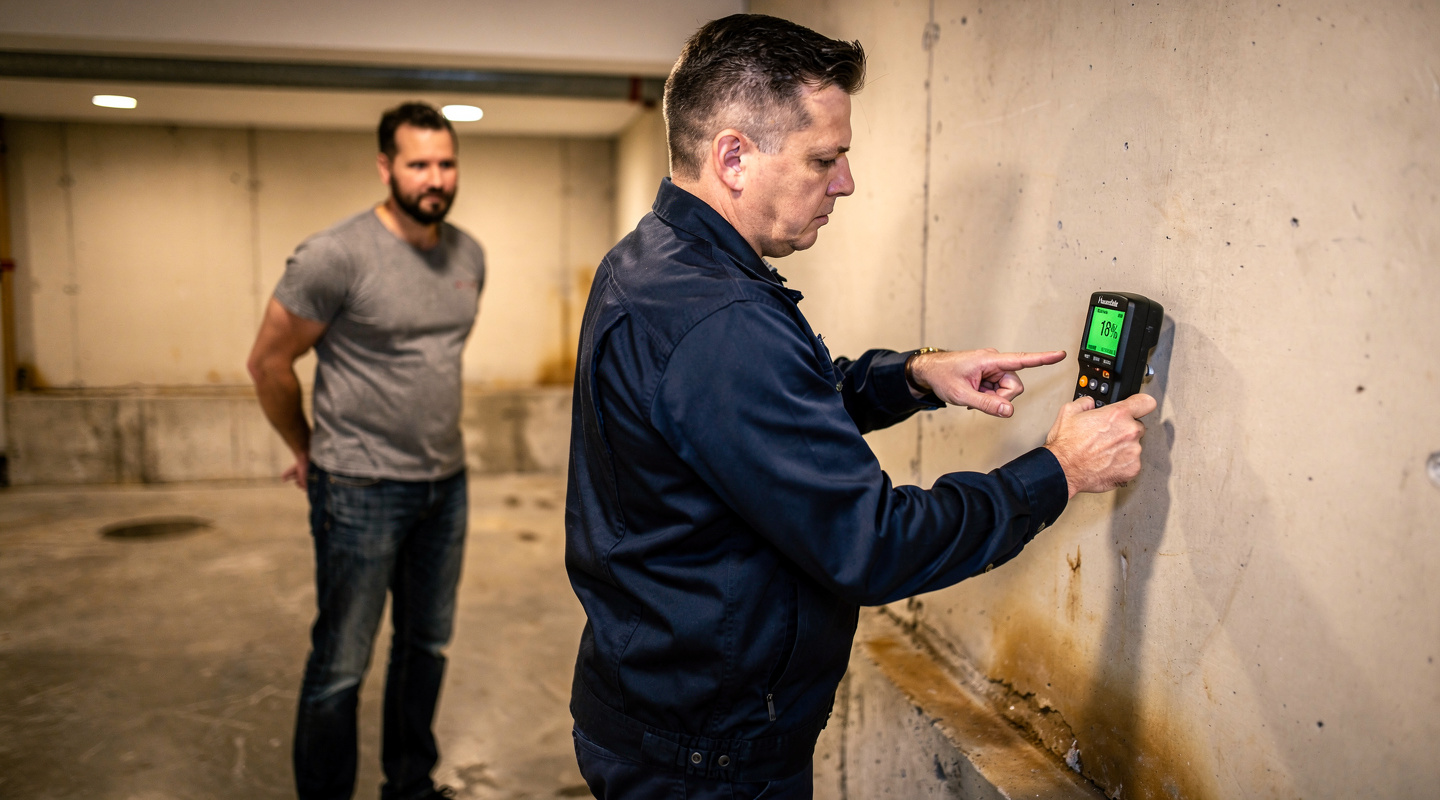 Technicien en imperméabilisation inspectant un mur de sous-sol avec un hygromètre numérique