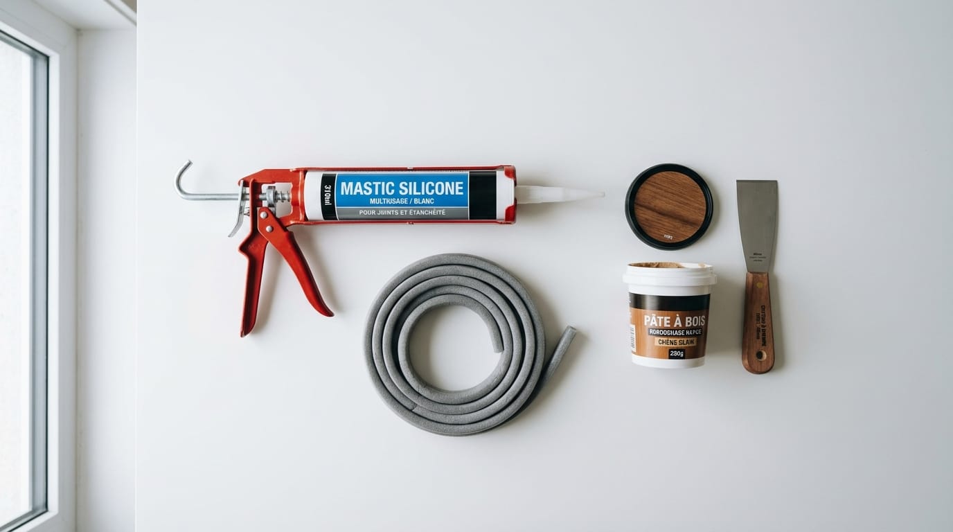 Pistolet à calfeutrer, mastic bois, mousse compribande et spatule sur fond blanc Pistolet à calfeutrer, mastic bois, mousse compribande et spatule sur fond blanc