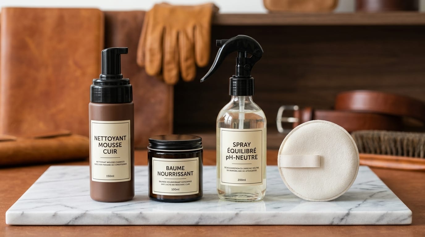 Produits professionnels pour l'entretien du cuir disposés sur du marbre blanc Produits professionnels pour l'entretien du cuir disposés sur du marbre blanc