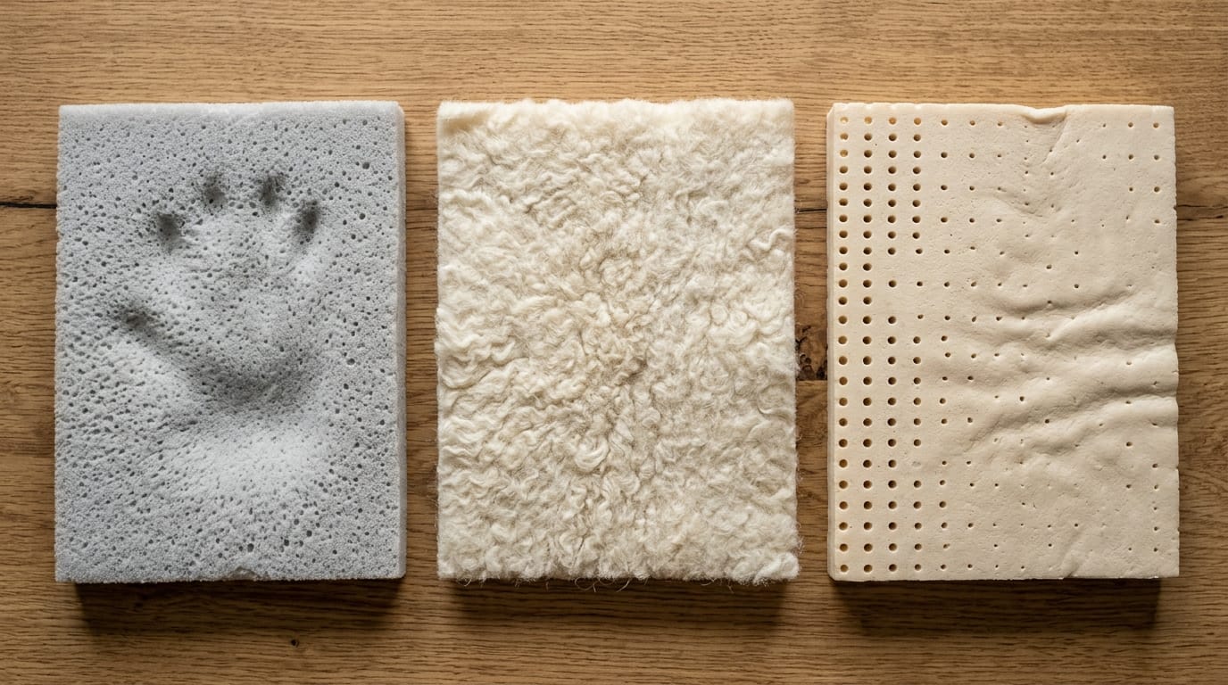 Trois échantillons de surmatelas côte à côte en mousse mémoire, laine et latex