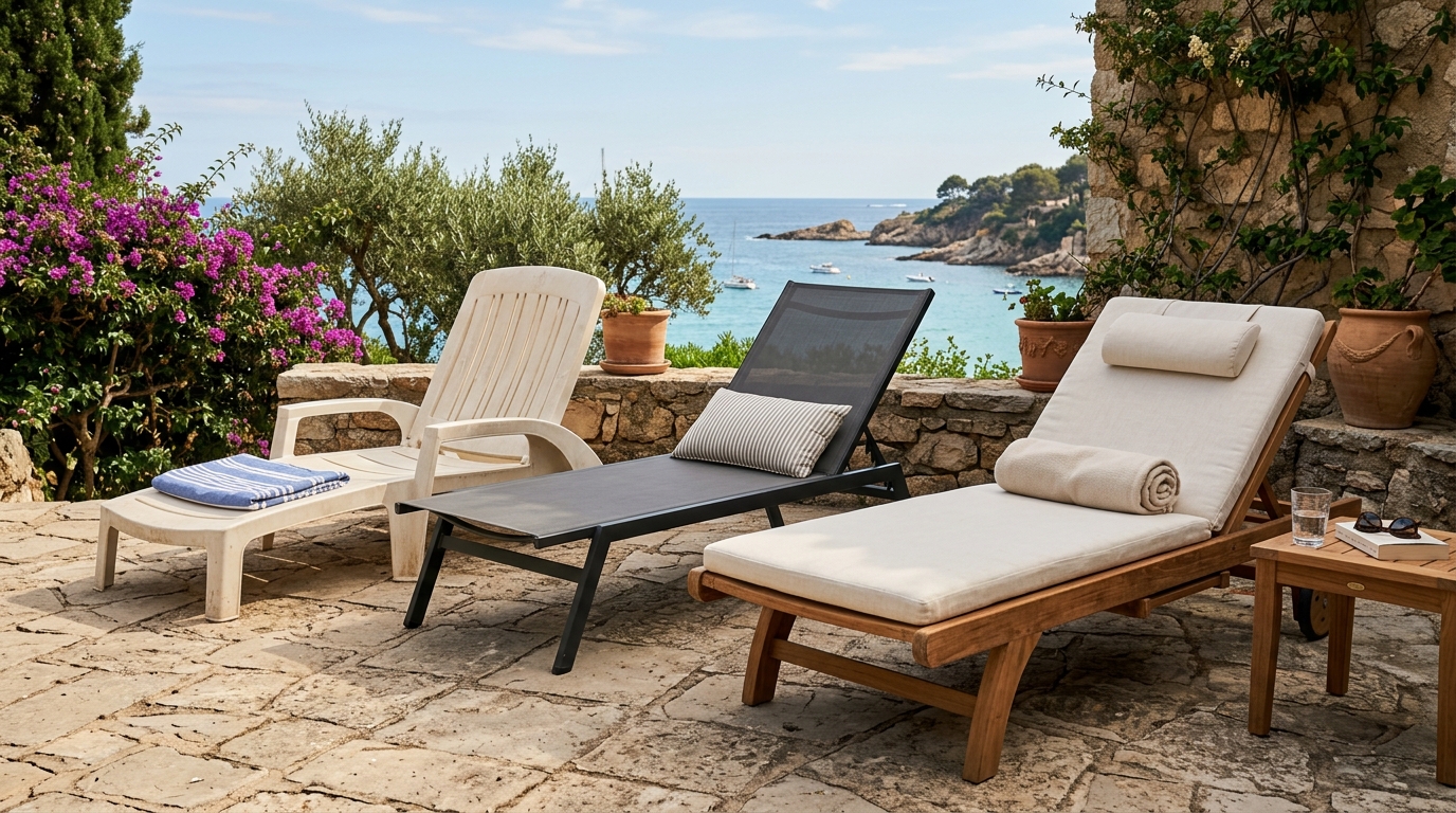 Trois bains de soleil de qualités différentes côte à côte sur une terrasse ensoleillée