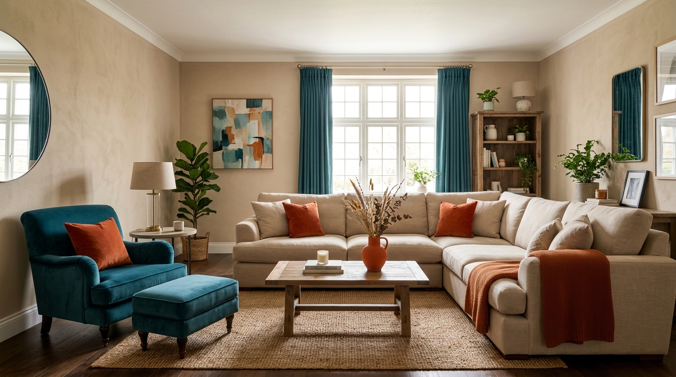 Salon décoré selon la règle 70-20-10 avec beige dominant, sarcelle et orange