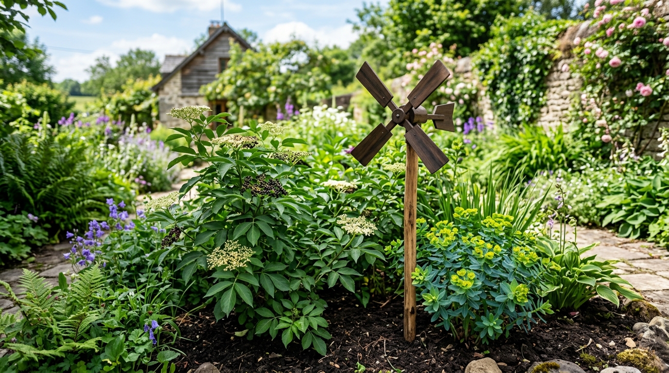 Jardin avec plantes répulsives taupes euphorbe sureau et moulin à vent en bois Jardin avec plantes répulsives taupes euphorbe sureau et moulin à vent en bois