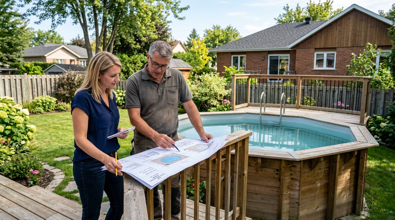 Propriétaire et entrepreneur consultant des plans près d'une piscine hors-sol en bois Propriétaire et entrepreneur consultant des plans près d'une piscine hors-sol en bois