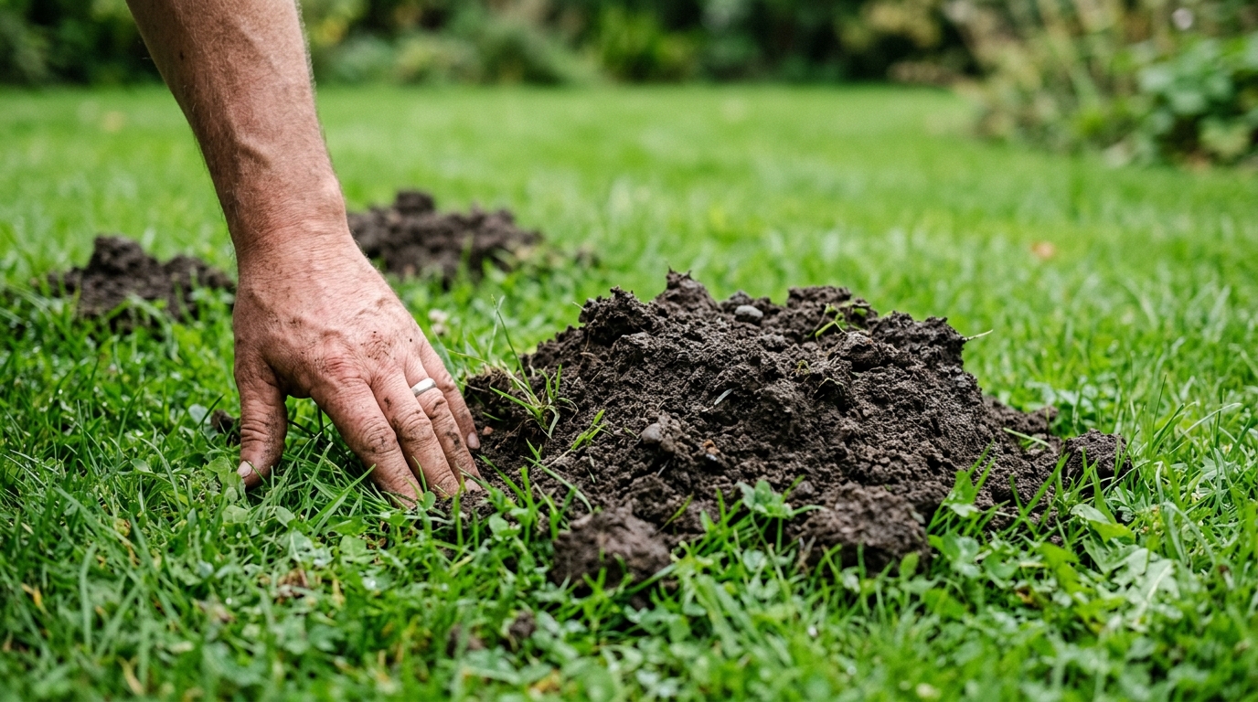 Main d'un jardinier appuyant sur la terre pour détecter des galeries de taupe actives dans un gazon Main d'un jardinier appuyant sur la terre pour détecter des galeries de taupe actives dans un gazon