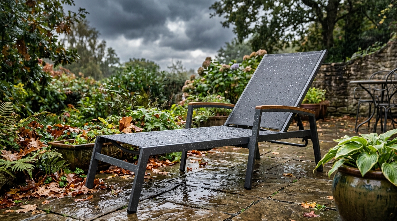 Transat de jardin résistant sous la pluie avec gouttes d'eau sur sa surface
