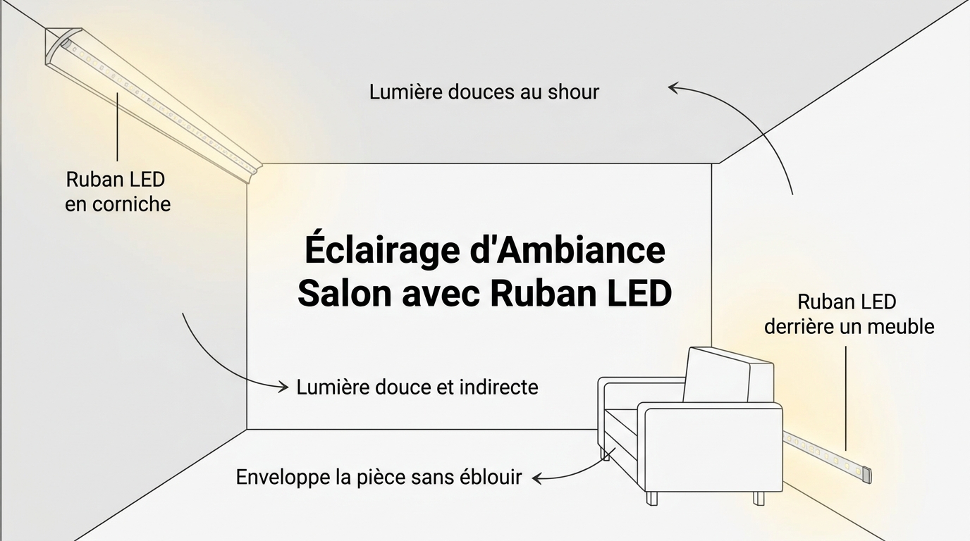 Éclairage d’un salon avec un ruban LED Ruban LED créant une ambiance douce dans un salon