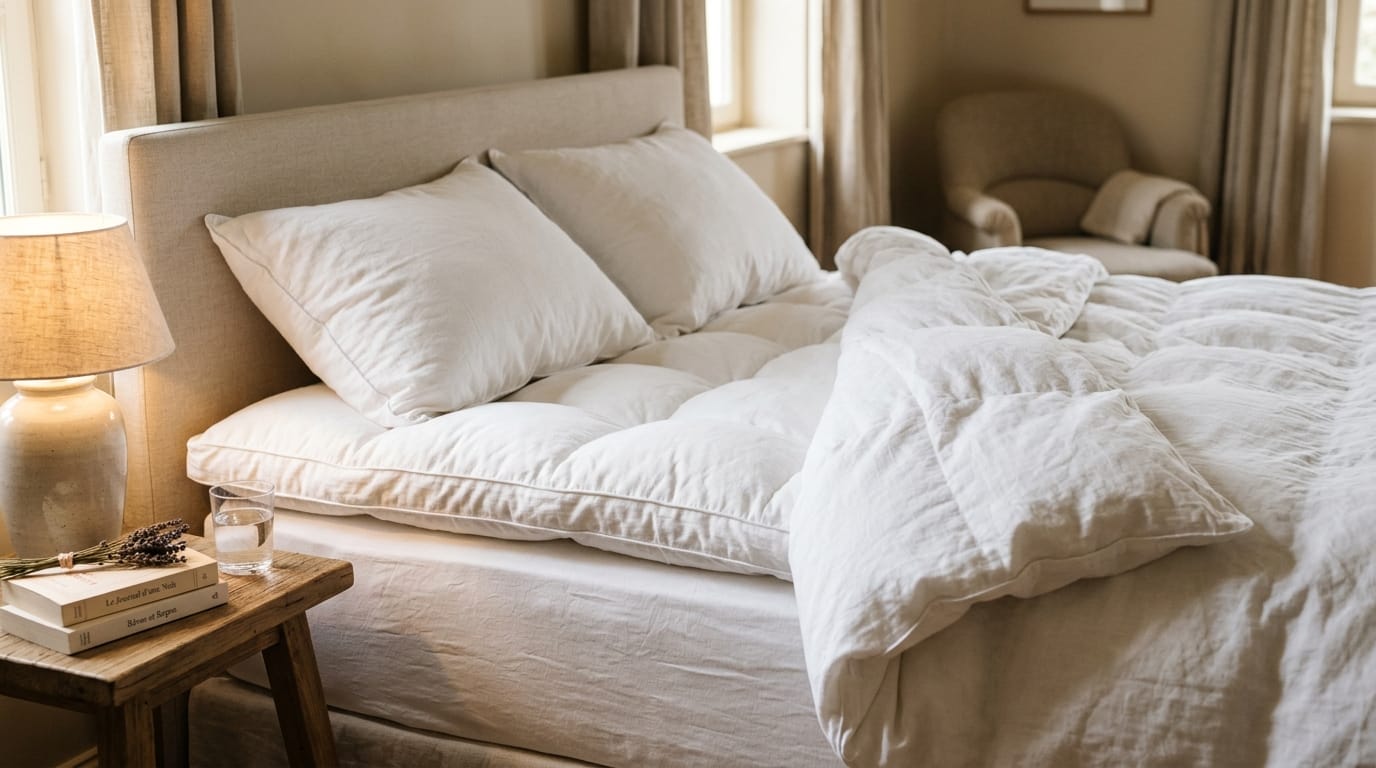 Surmatelas blanc moelleux posé sur un matelas avec literie blanche et lumière naturelle