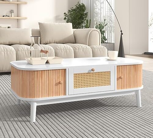 Table basse en rotin blanc avec tiroirs