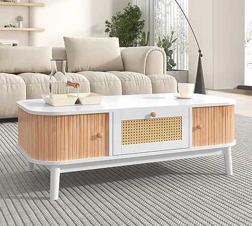 Table basse en rotin blanc avec tiroirs