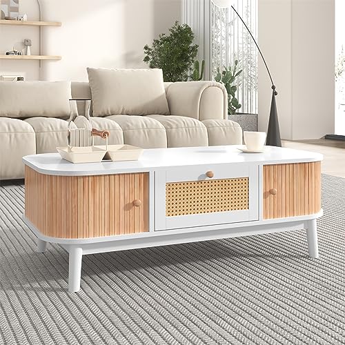 Table basse en rotin blanc avec tiroirs