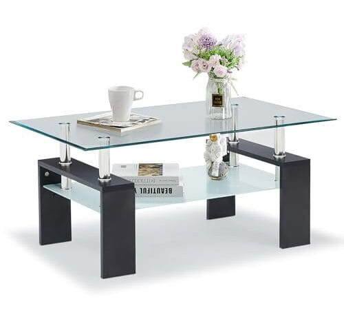 Table basse moderne en verre et MDF noir