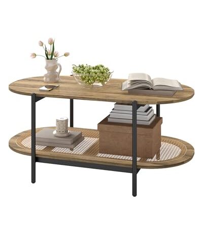 Table Basse Ovale en Bois et Rotin