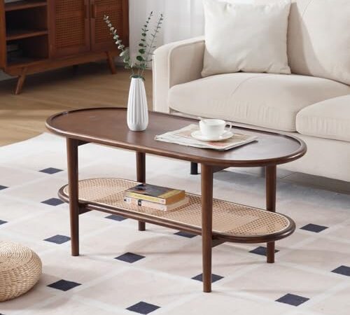 Table Basse Ovale en Bois et Rotin