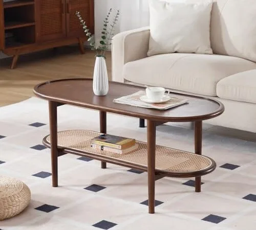 Table Basse Ovale en Bois et Rotin