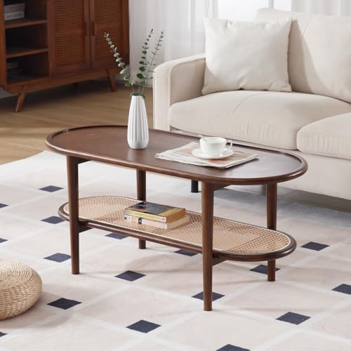 Table Basse Ovale en Bois et Rotin Table Basse Ovale en Bois et Rotin