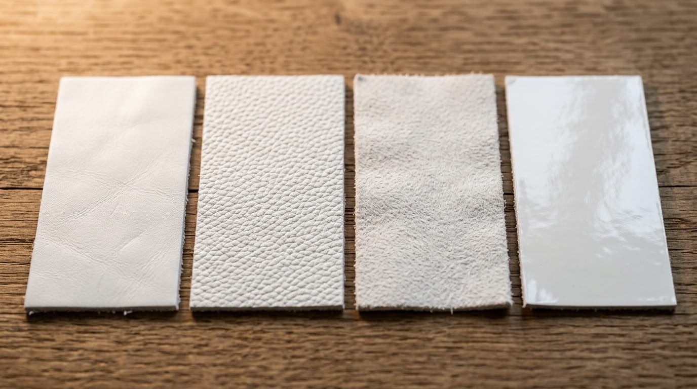 Quatre échantillons de cuir blanc aux textures variées lisses et grainées côte à côte Quatre échantillons de cuir blanc aux textures variées lisses et grainées côte à côte