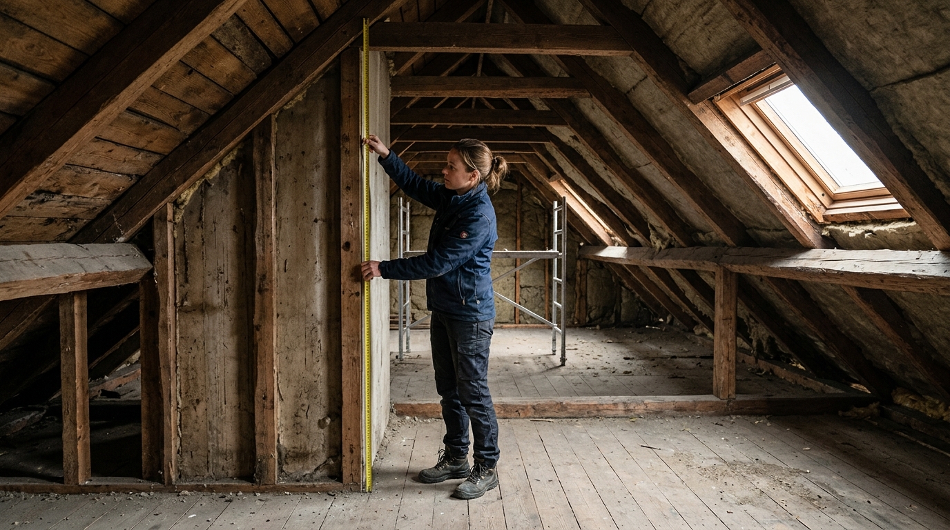 Personne mesurant la hauteur sous rampant dans un grenier non aménagé avec velux Personne mesurant la hauteur sous rampant dans un grenier non aménagé avec velux