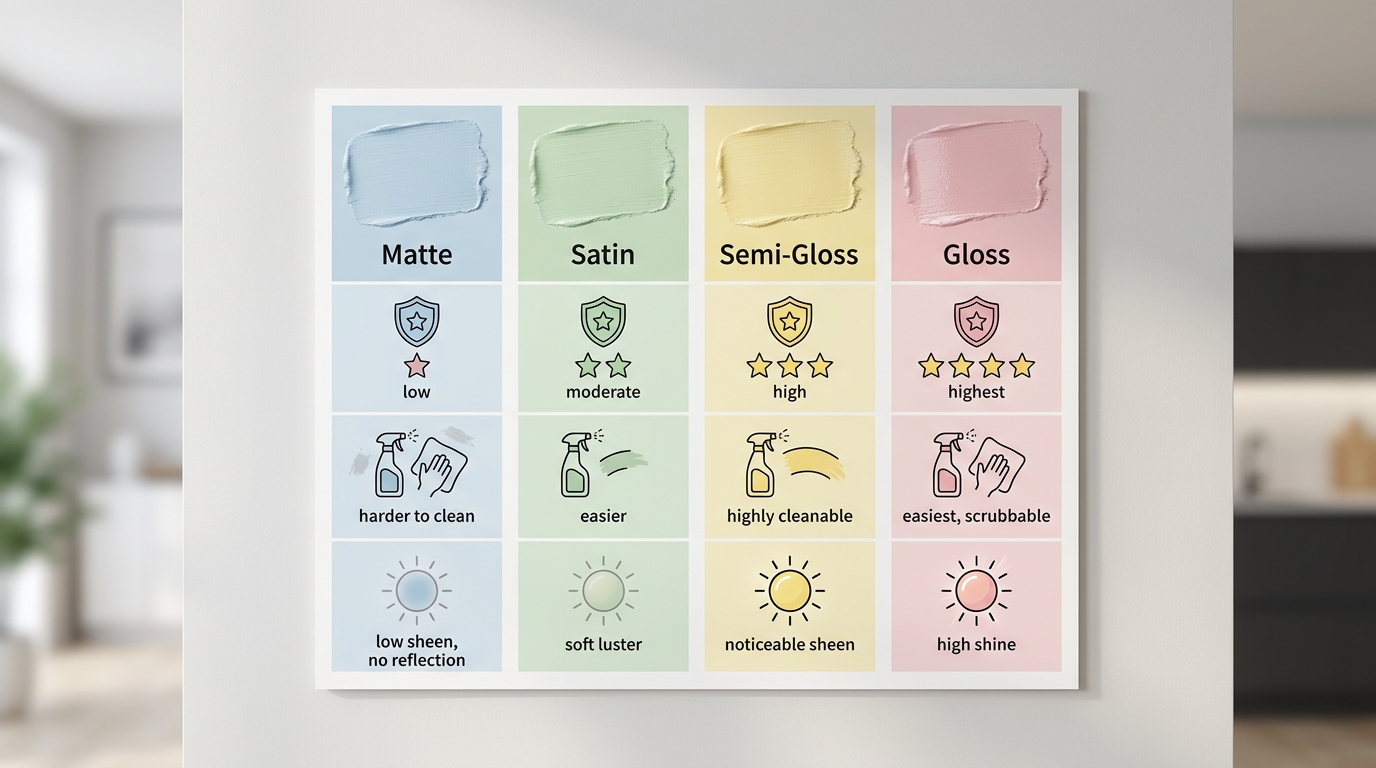 Tableau comparatif des finitions mat, satin, semi-brillant et brillant avec icônes Tableau comparatif des finitions mat, satin, semi-brillant et brillant avec icônes