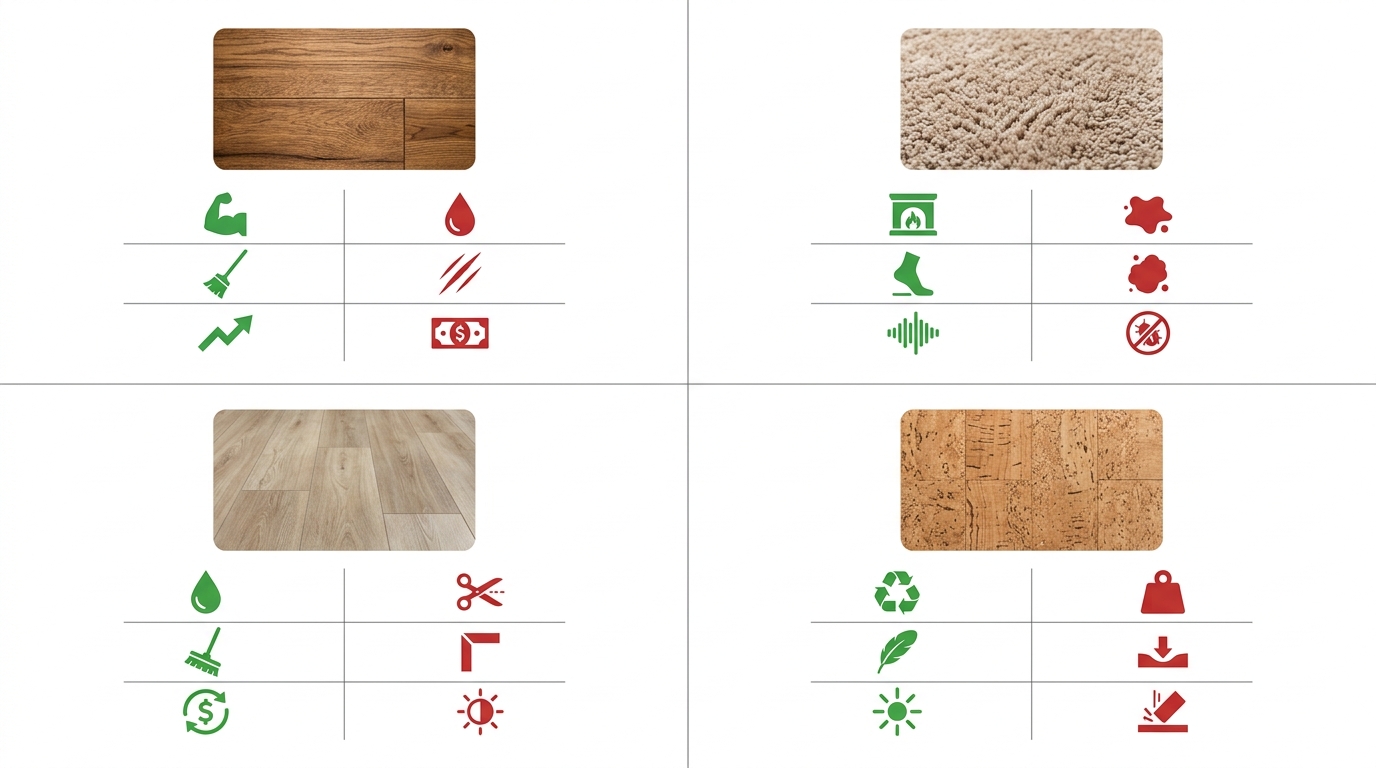 Infographie comparative des avantages et inconvénients de quatre revêtements de sol différents