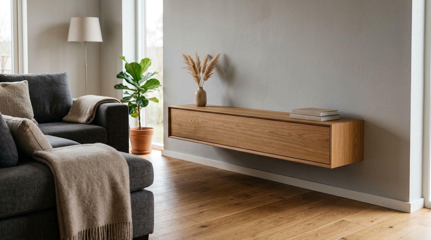 Meuble TV flottant minimaliste fixé sur mur gris clair dans salon cosy