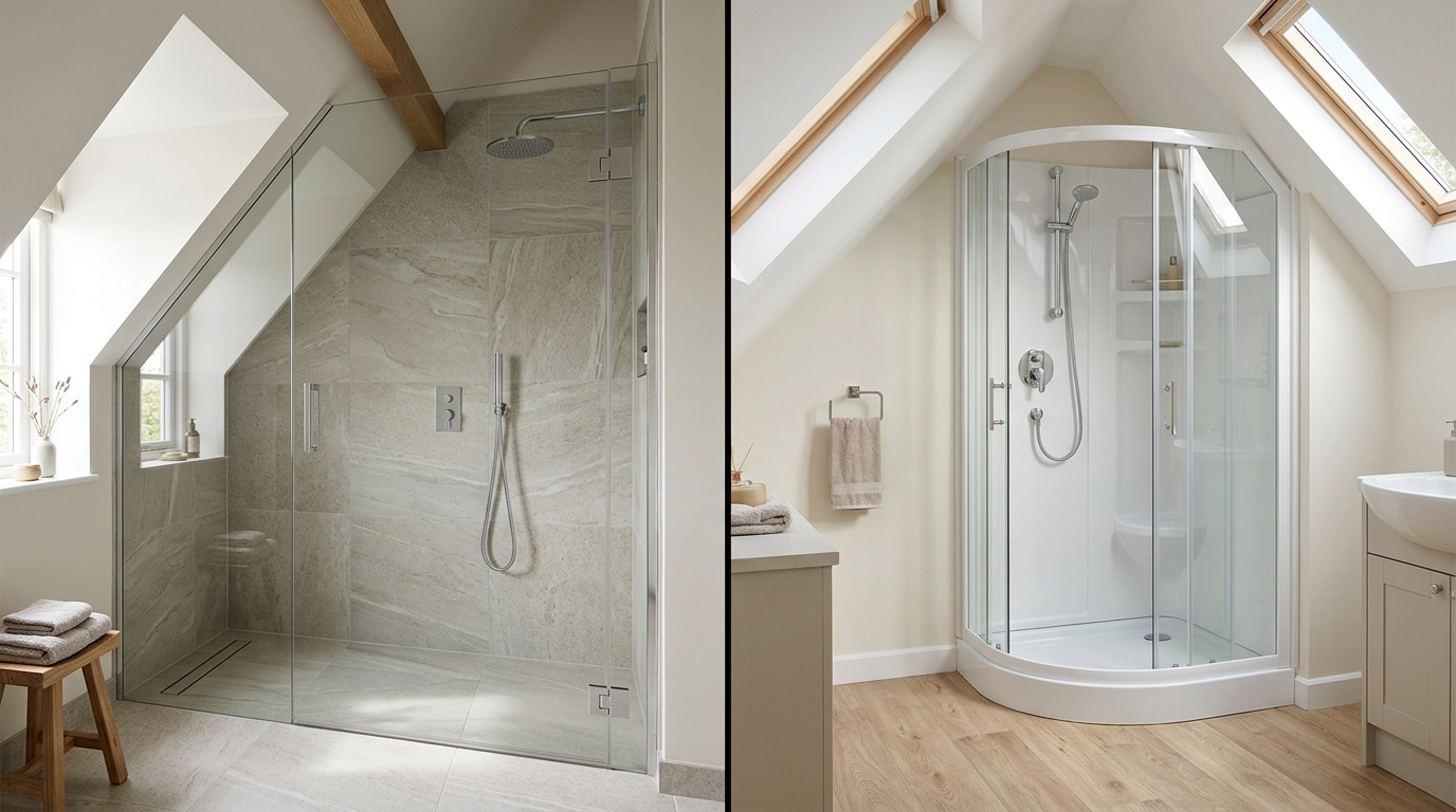 Comparaison entre une douche sur mesure en verre et une douche préfabriquée sous pente Comparaison entre douche sur mesure en verre et douche préfabriquée sous pente