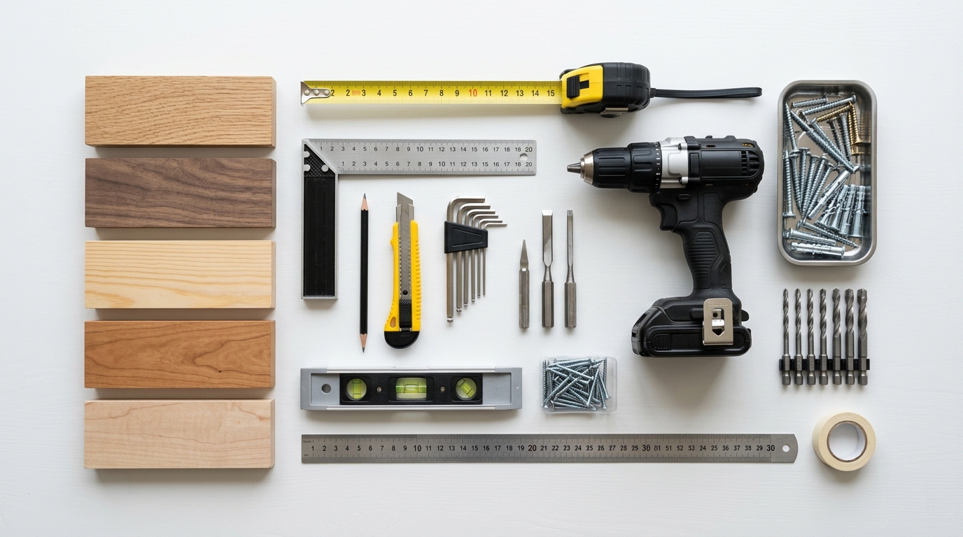 Outils de menuiserie et d'installation DIY d'un meuble TV suspendu Outils de menuiserie et d'installation DIY d'un meuble TV suspendu