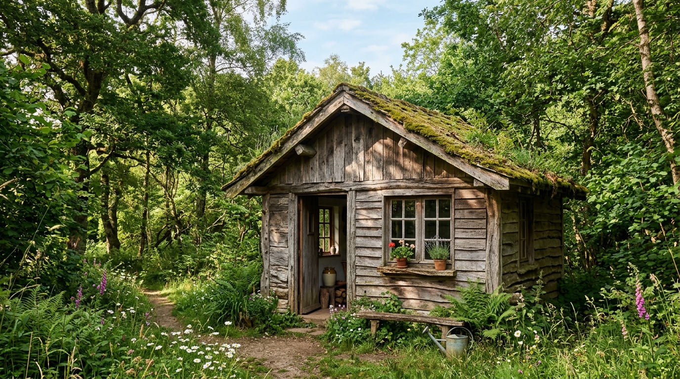 Petite cabane en bois rustique nichée en lisière de forêt sous des chênes Petite cabane en bois rustique nichée en lisière de forêt sous des chênes