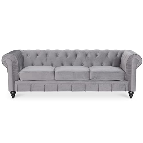 Canapé Chesterfield Velours 3 Places Argent Canapé Chesterfield Velours 3 Places Argent