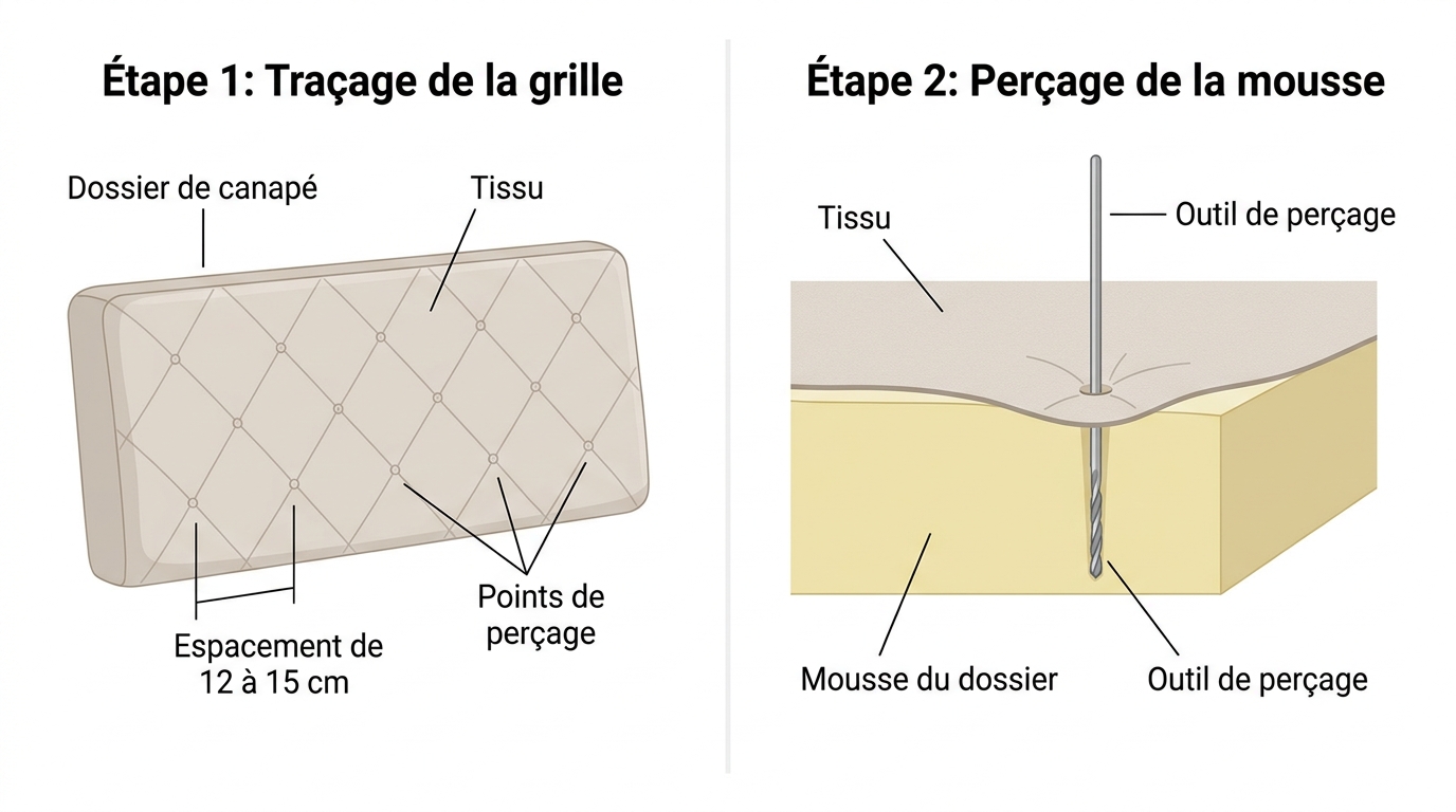 Schéma pour recouvrir un canapé avec effet capitonné sur le dossier Schéma pour recouvrir un canapé avec effet capitonné sur le dossier