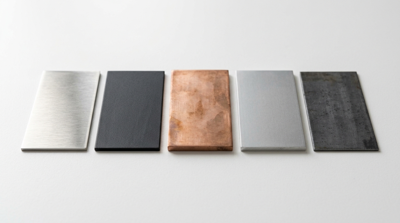 Échantillons de tôles métalliques en inox brossé, acier noir mat et cuivre brut Échantillons de tôles métalliques en inox brossé, acier noir mat et cuivre brut