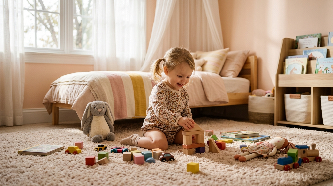 Enfant jouant sur un tapis moelleux dans une chambre lumineuse aux tons pastels