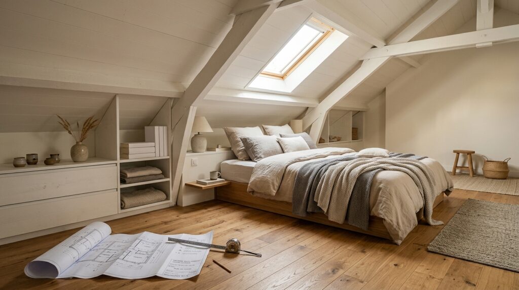 Chambre sous combles avec lit bas sous pente et rangements intégrés blancs Chambre sous combles avec lit bas sous pente et rangements intégrés blancs